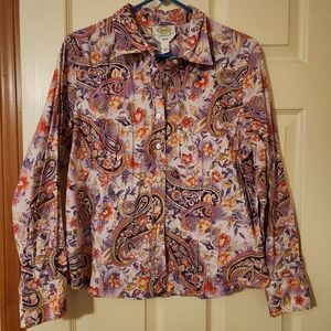 Vtg Talbots Button Front Floral Paisley Blouse Size Large Petite Stretchy Easter